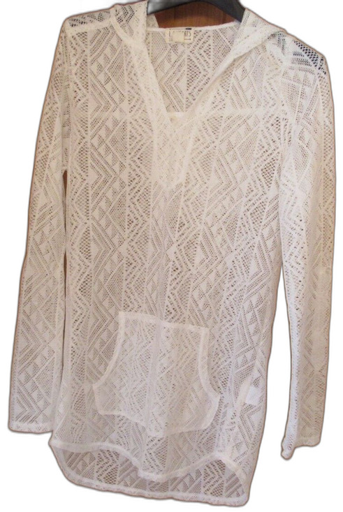 La Hearts Tops - LA Hearts White Mesh Open Work V Neck Hooded BoHo Top/Cover Up Size XS